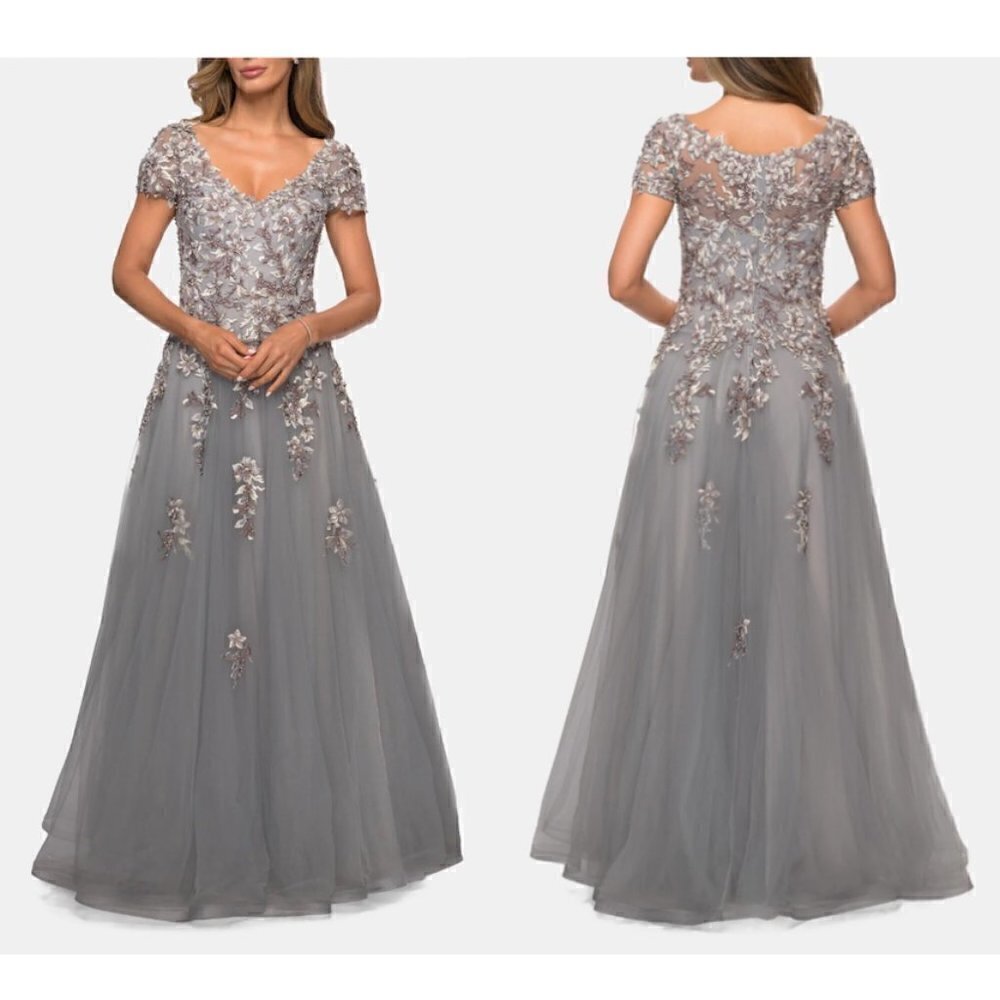 LA FEMME Beaded Lace Applique Short Sleeve A-line Gown in Gray Size US 12